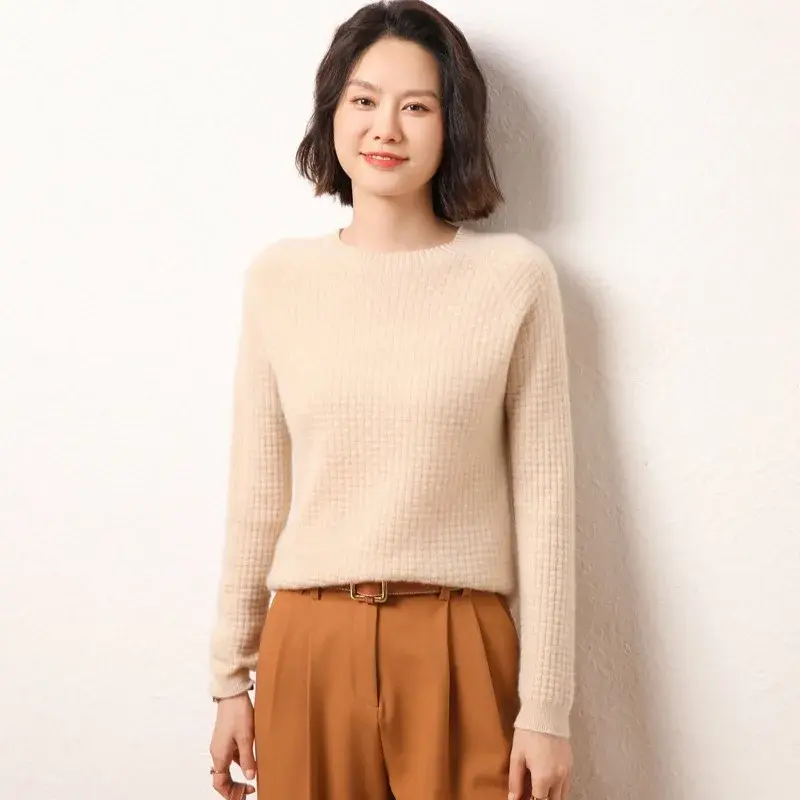 Ladies Thickened Lazy Knitted Sweater Wool Cashmere 100% Crew Neck Short Style Autumn Winter Pure Color Loose Fit Top