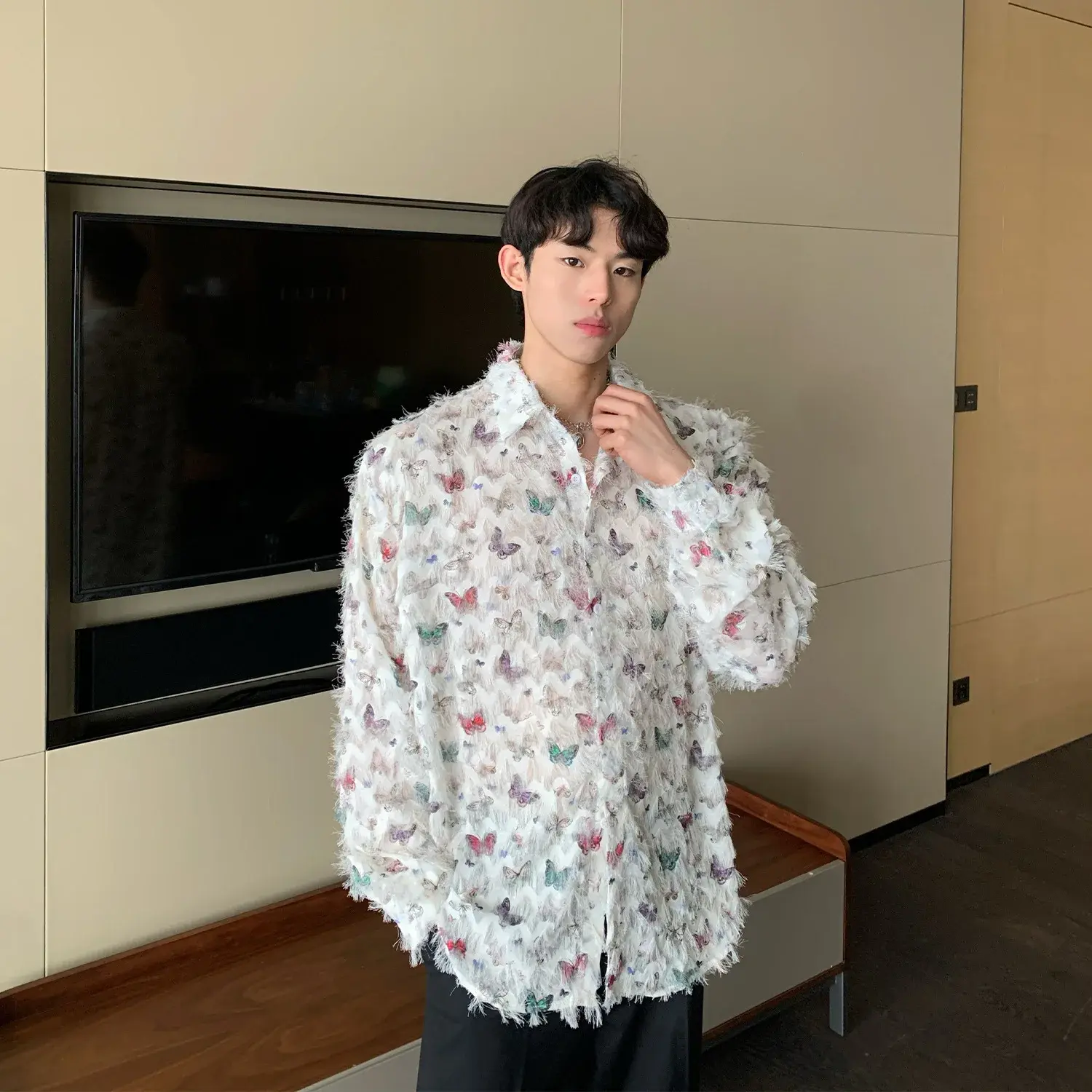 American Style Niche Butterfly Fringed Design Shirt Original 3D Fringed Collar Men's Casual Fashion Blouse
