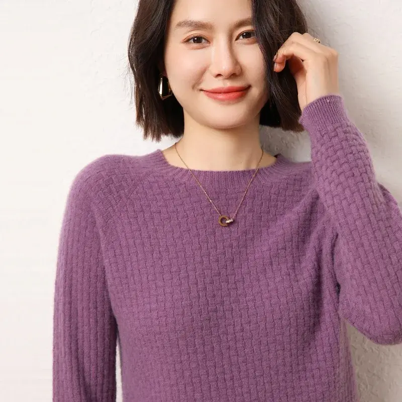 Ladies Thickened Lazy Knitted Sweater Wool Cashmere 100% Crew Neck Short Style Autumn Winter Pure Color Loose Fit Top