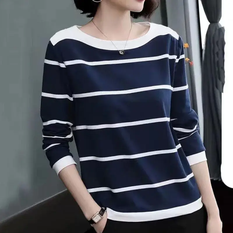 New Arrival Autumn Slimming Loose-Fit T-Shirt For Middle-Aged And Elderly Women Full Sleeve Polyester Crew Neck Top Decoration