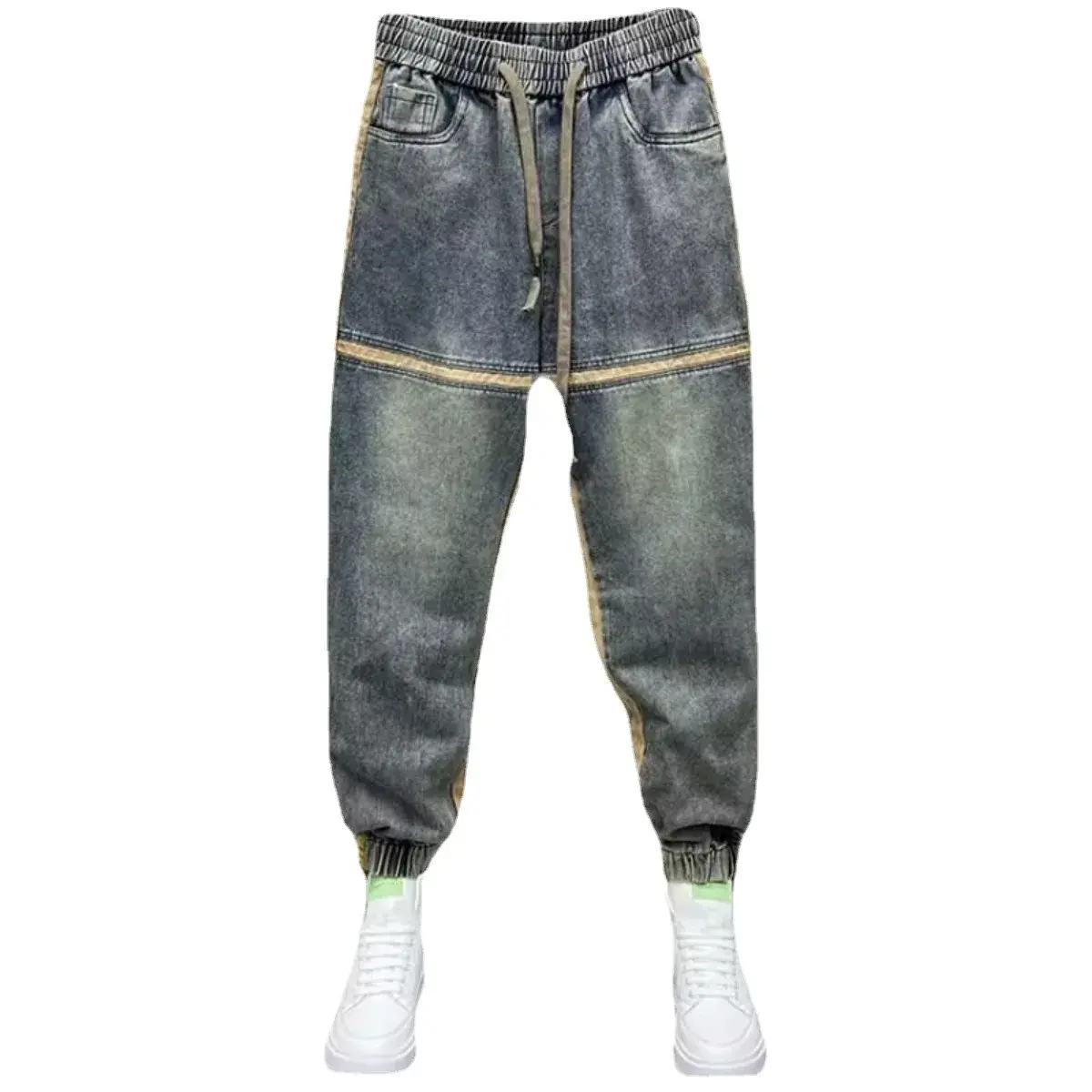 New Arrival Fall/winter Men's Elastic Waist Korean Style Trendy Brand Jeans Patchwork Wide Leg Slim Fit Hip Hop Pants
