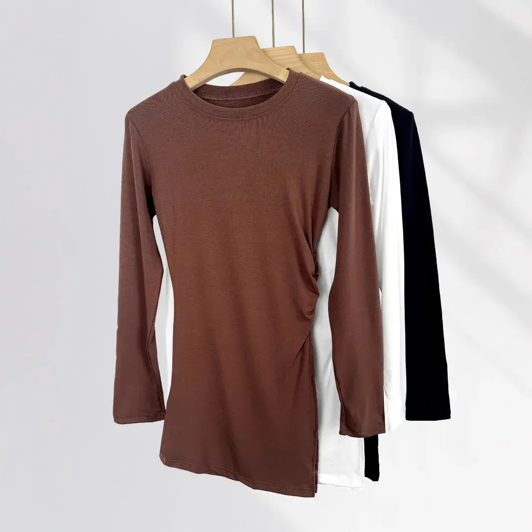 High-Quality Tall Slimming Long Sleeve T-Shirt New Spring Irregular Design Sensibility Waist-Fitted Top With Ruffles