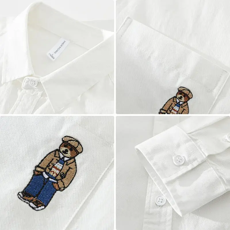 Casual Pure Cotton Long Sleeve Shirt for Men Spring Autumn Embroidered Bear Square Collar Pocket Trendy Youth Full Cotton Vest