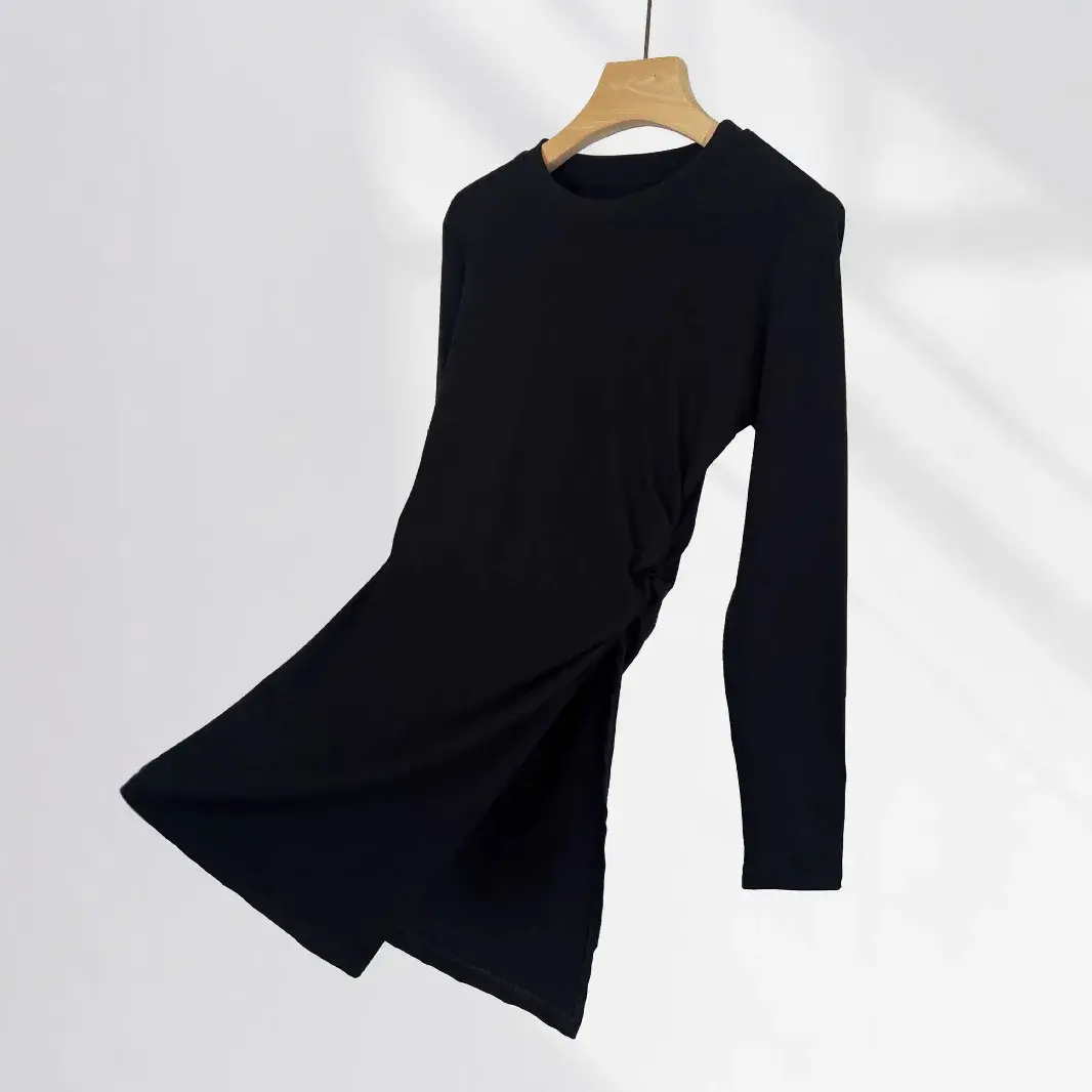 High-Quality Tall Slimming Long Sleeve T-Shirt New Spring Irregular Design Sensibility Waist-Fitted Top With Ruffles