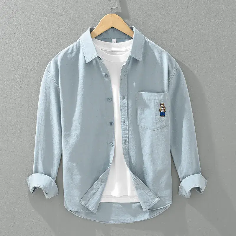 Casual Pure Cotton Long Sleeve Shirt for Men Spring Autumn Embroidered Bear Square Collar Pocket Trendy Youth Full Cotton Vest