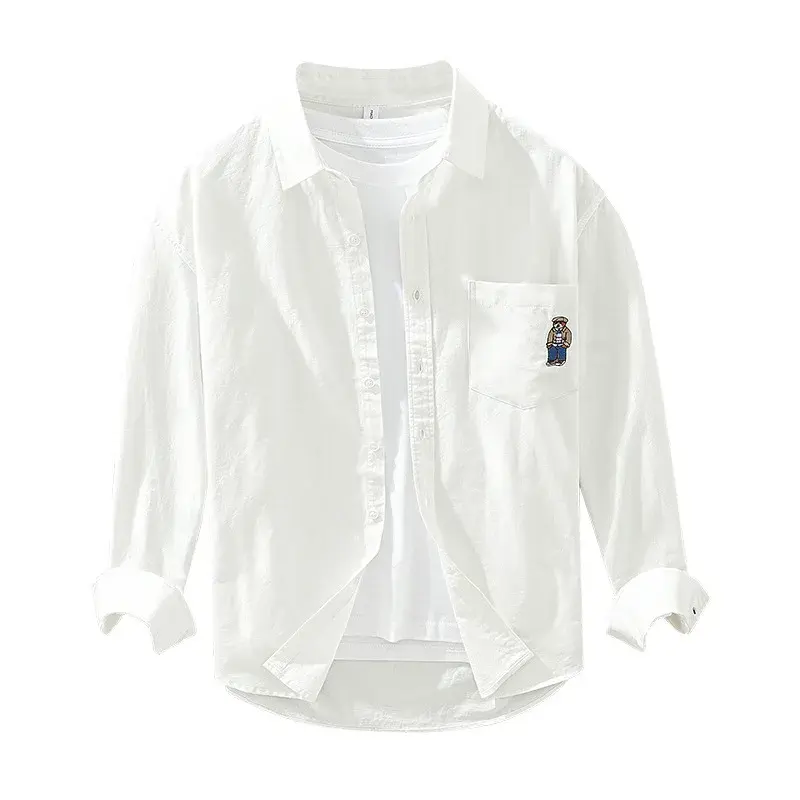 Casual Pure Cotton Long Sleeve Shirt for Men Spring Autumn Embroidered Bear Square Collar Pocket Trendy Youth Full Cotton Vest