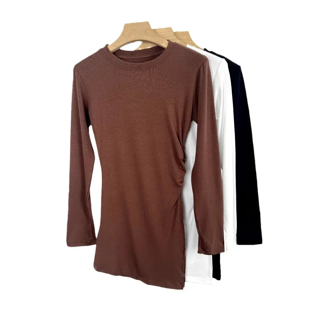 High-Quality Tall Slimming Long Sleeve T-Shirt New Spring Irregular Design Sensibility Waist-Fitted Top With Ruffles