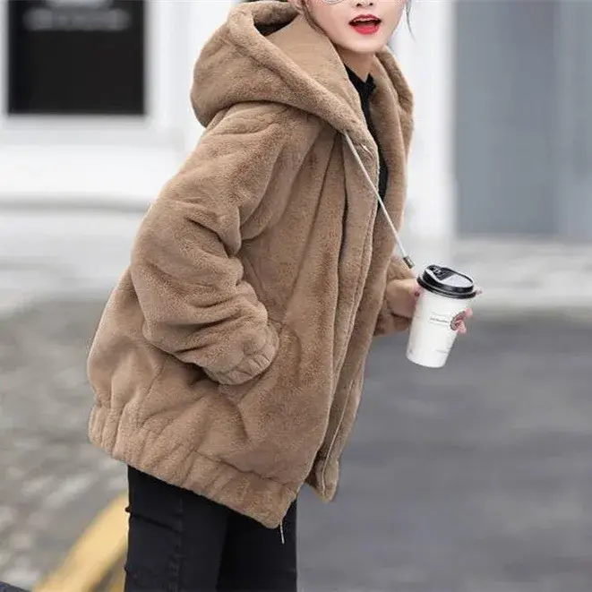 Thickened Fleece Hooded Jacket Women's Mid-Length Winter New Style Korean Loose Long Sleeve Trendy Rabbit Fur Simulation Sweatsh