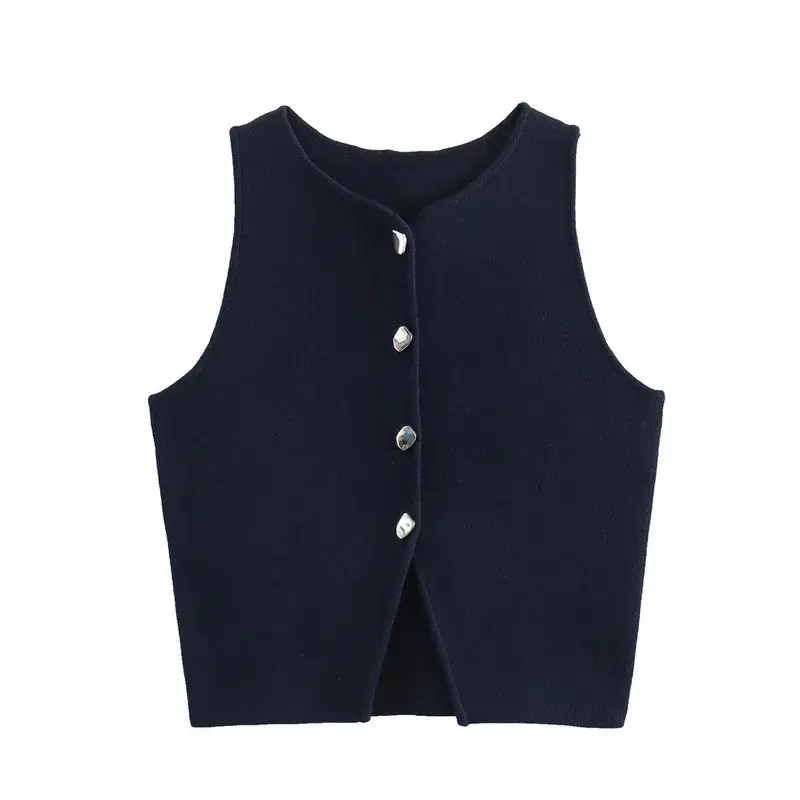 Fashionable Knitted Short Vest round Neck Single Button Autumn New Style Slim Fit Women's Top Versatile Basic Color Available