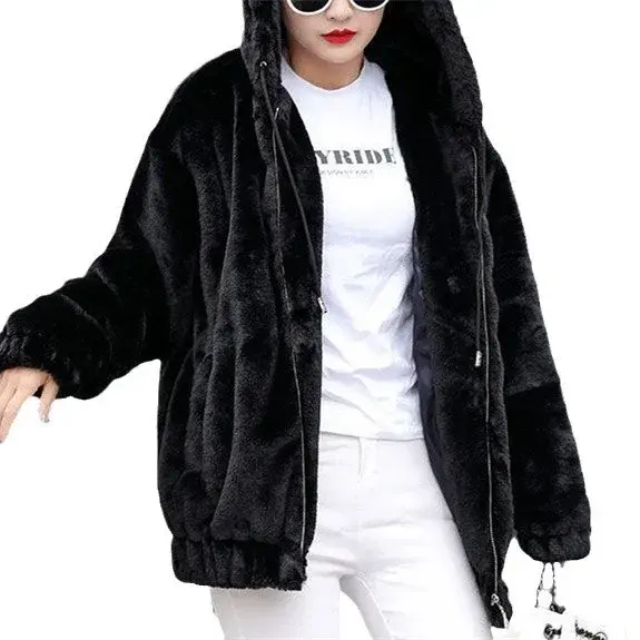 Thickened Fleece Hooded Jacket Women's Mid-Length Winter New Style Korean Loose Long Sleeve Trendy Rabbit Fur Simulation Sweatsh