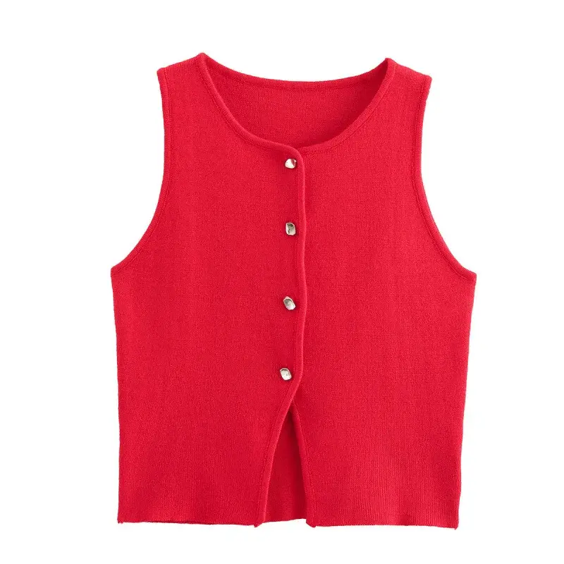 Fashionable Knitted Short Vest round Neck Single Button Autumn New Style Slim Fit Women's Top Versatile Basic Color Available