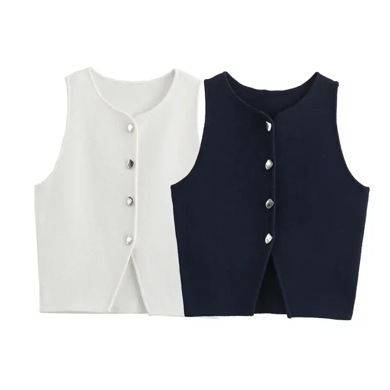 Fashionable Knitted Short Vest round Neck Single Button Autumn New Style Slim Fit Women's Top Versatile Basic Color Available