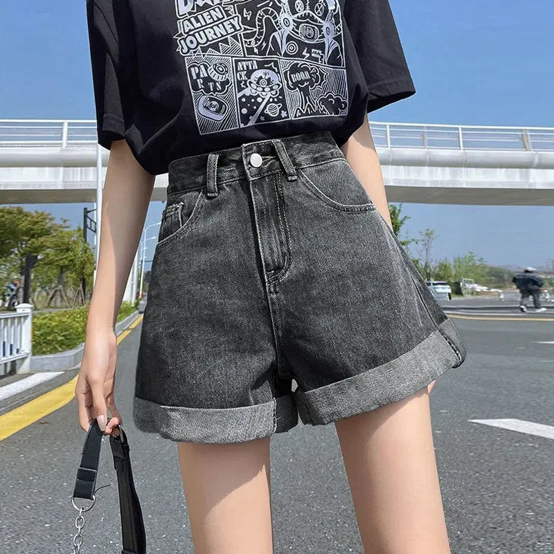 2022 New Style Women's Denim Shorts High-Waisted Slimming Thin A- Line Fashionable Versatile Chic Summer Heat Pants