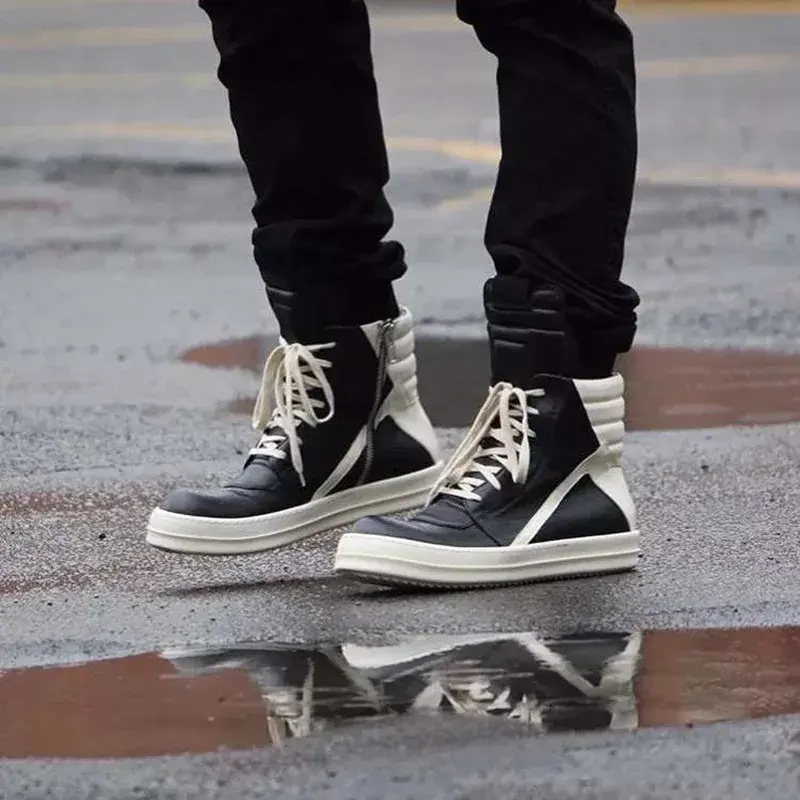 Brand Men Shoe Casual High Top Quality Women Sneaker Black Ankle Boot Geobasket Leather Owen Fashion Thick-sole Flat Zip Shoe
