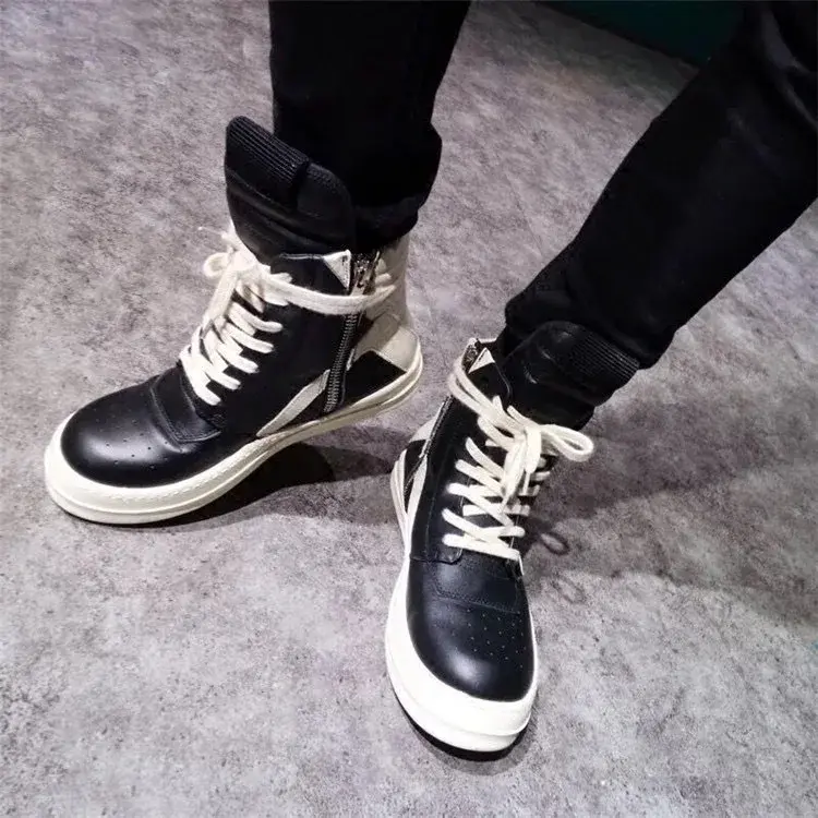 Brand Men Shoe Casual High Top Quality Women Sneaker Black Ankle Boot Geobasket Leather Owen Fashion Thick-sole Flat Zip Shoe