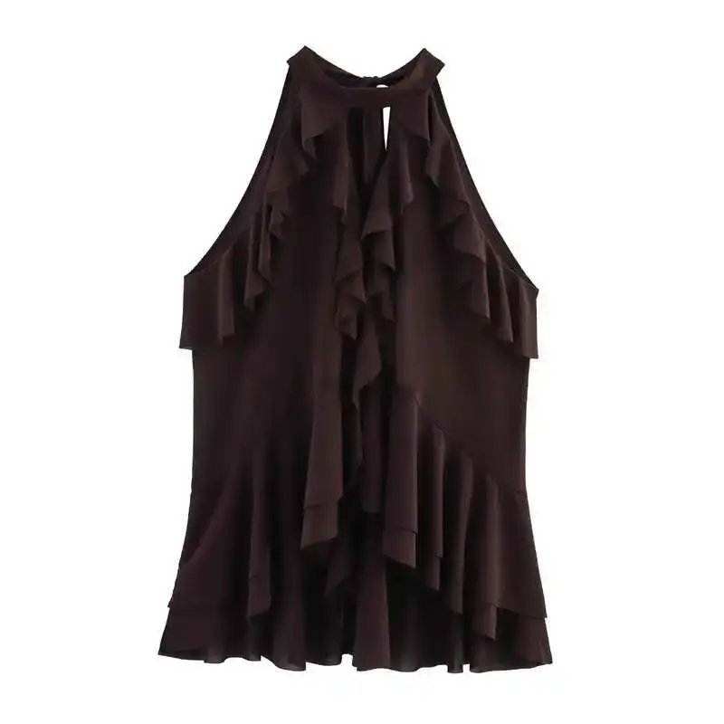Slim Fit Women's Top Spring Sexy Backless Neck Hanging Belted Polyester Fiber Blouse Mixed Fabric Back Exposure Vest Strap