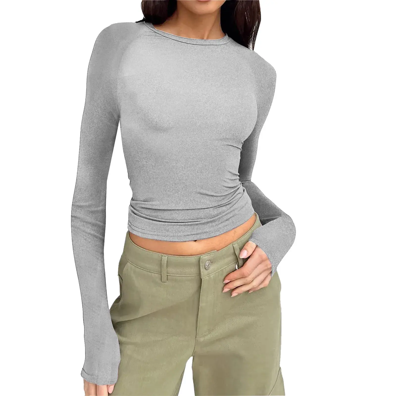 Women's Casual Comfortable Round Neck Long Sleeve T-shirt Solid Color Tight Fitting Pullover Top Base Layer Clothing