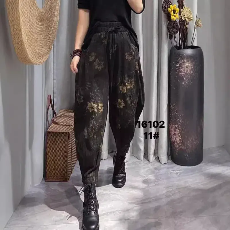 Slimming Harlan Pants Pure Cotton Printed Elastic Waist Autumn Hot Sale Of The Season Women's Vintage Style Long Trousers Fashio