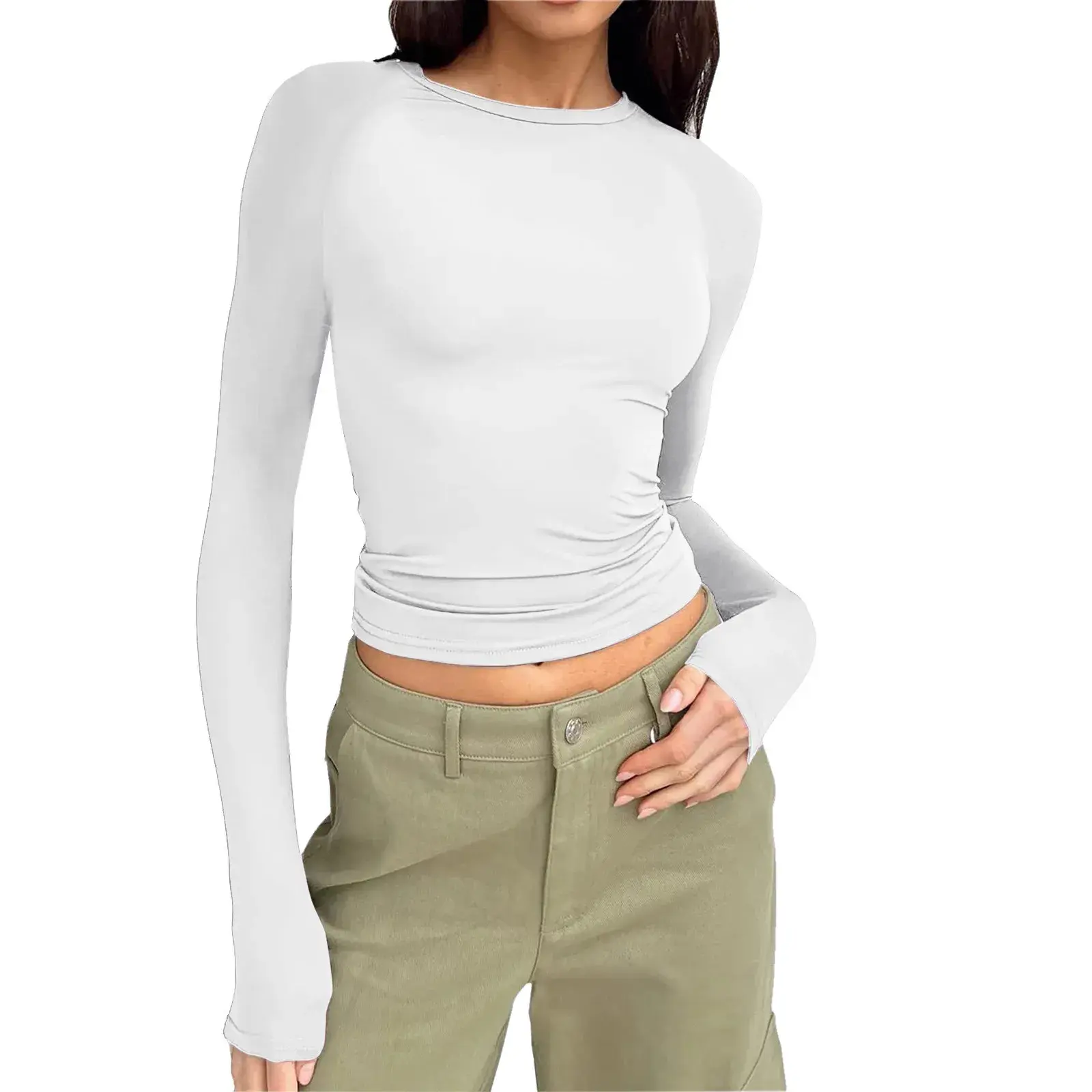 Women's Casual Comfortable Round Neck Long Sleeve T-shirt Solid Color Tight Fitting Pullover Top Base Layer Clothing