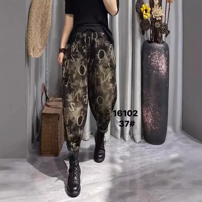 Slimming Harlan Pants Pure Cotton Printed Elastic Waist Autumn Hot Sale Of The Season Women's Vintage Style Long Trousers Fashio