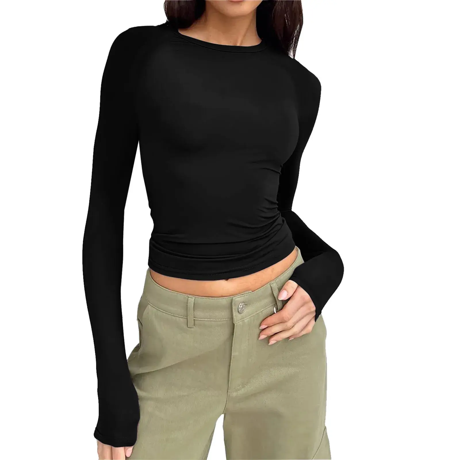 Women's Casual Comfortable Round Neck Long Sleeve T-shirt Solid Color Tight Fitting Pullover Top Base Layer Clothing