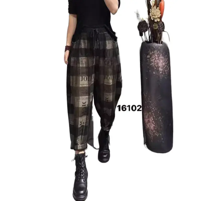 Slimming Harlan Pants Pure Cotton Printed Elastic Waist Autumn Hot Sale Of The Season Women's Vintage Style Long Trousers Fashio