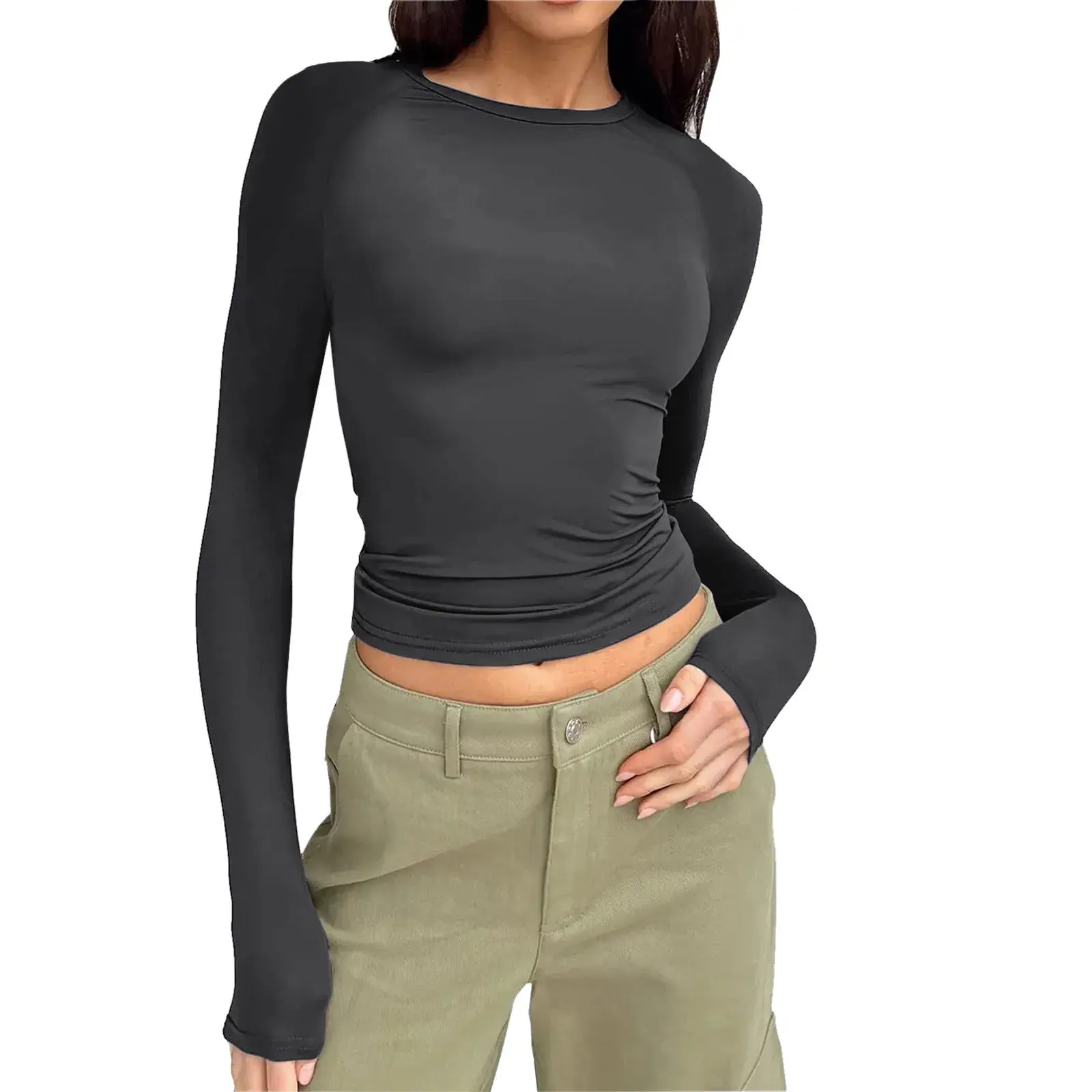 Women's Casual Comfortable Round Neck Long Sleeve T-shirt Solid Color Tight Fitting Pullover Top Base Layer Clothing