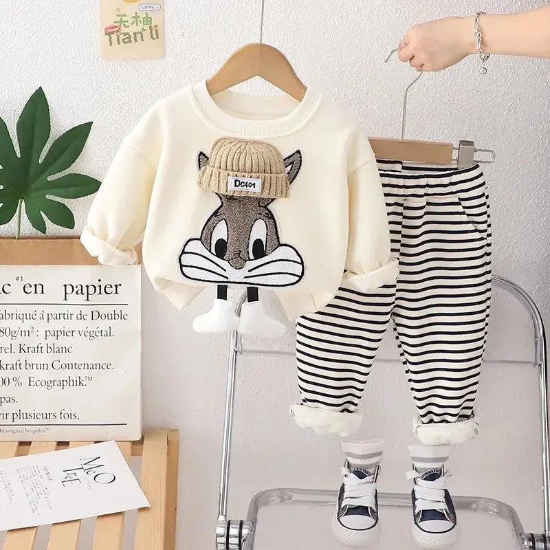 Yikids Autumn Winter Children's Cartoon Fleece-Lined Sweatshirt And Pants Set Cute Casual Style For Boys And Girls Infant Clothi