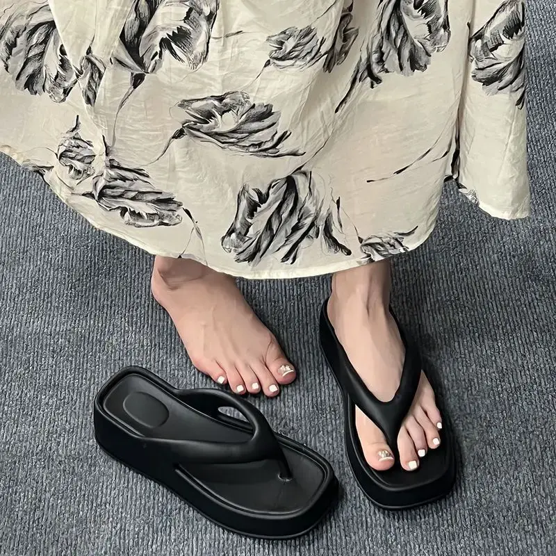 Thick Bottom Flip Flops Women's Solid Color EVA Outsole Durable Fashionable High Heel Sandals Versatile Slip-On Casual Shoes