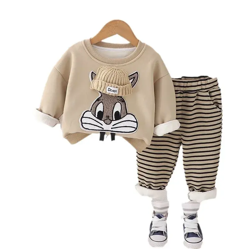 Yikids Autumn Winter Children's Cartoon Fleece-Lined Sweatshirt And Pants Set Cute Casual Style For Boys And Girls Infant Clothi