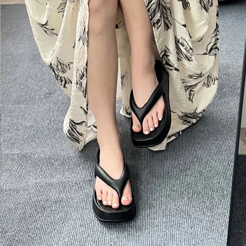 Thick Bottom Flip Flops Women's Solid Color EVA Outsole Durable Fashionable High Heel Sandals Versatile Slip-On Casual Shoes