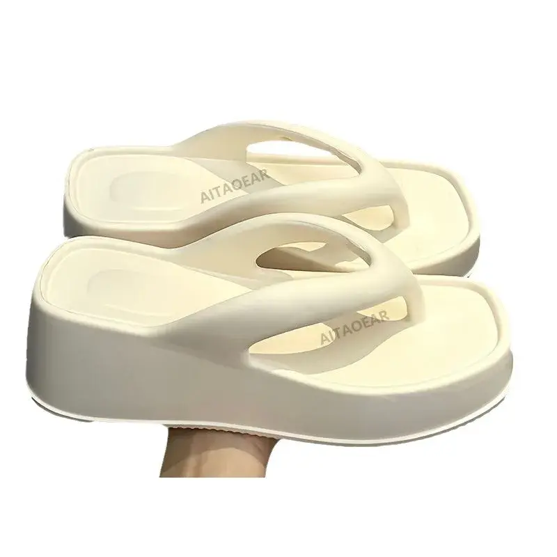 Thick Bottom Flip Flops Women's Solid Color EVA Outsole Durable Fashionable High Heel Sandals Versatile Slip-On Casual Shoes