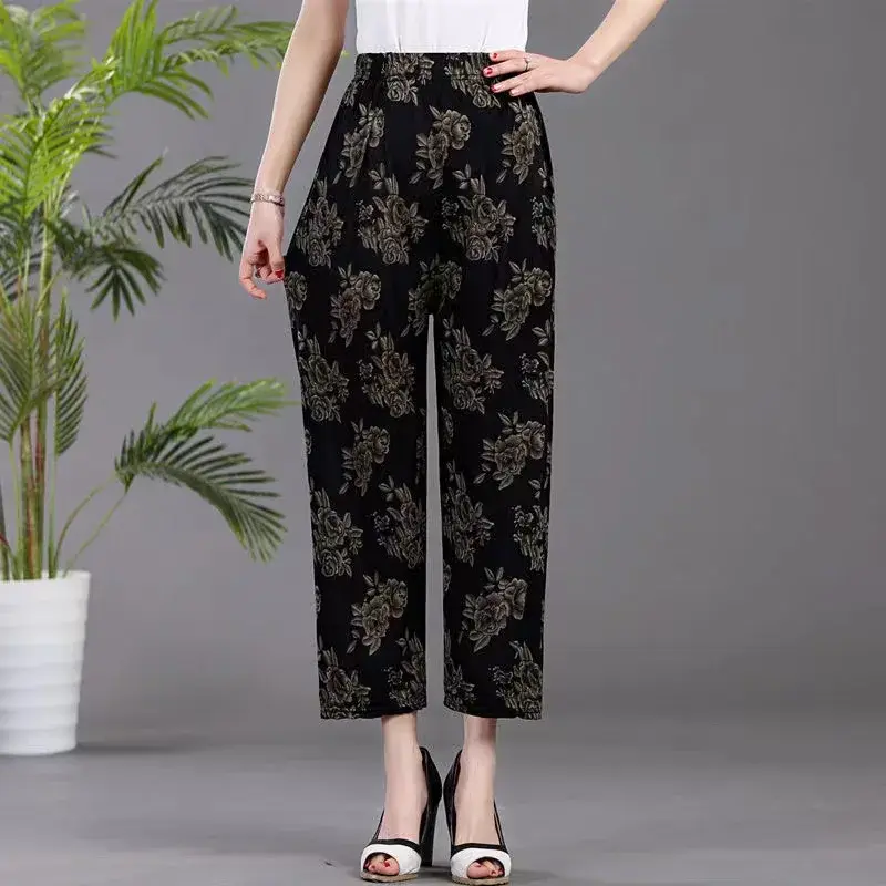 High Waist Ice Silk Casual Pants Women's Summer Loose Mom Jeans Fashionable Nine-Piece Middle-Aged And Elderly Ladies Trousers