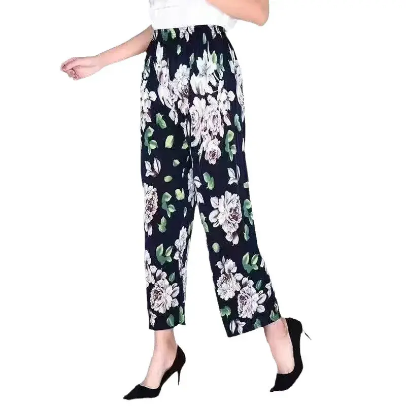 High Waist Ice Silk Casual Pants Women's Summer Loose Mom Jeans Fashionable Nine-Piece Middle-Aged And Elderly Ladies Trousers