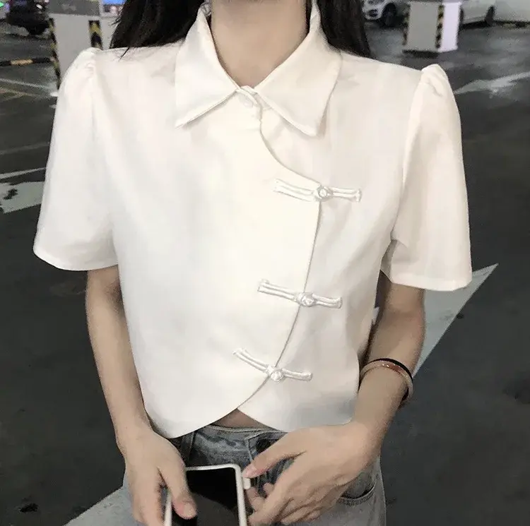 New Chinese Style College Fashion Button up Shirt Women Summer Retro Short Sleeve Asymmetrical Collar Top Female Clothing