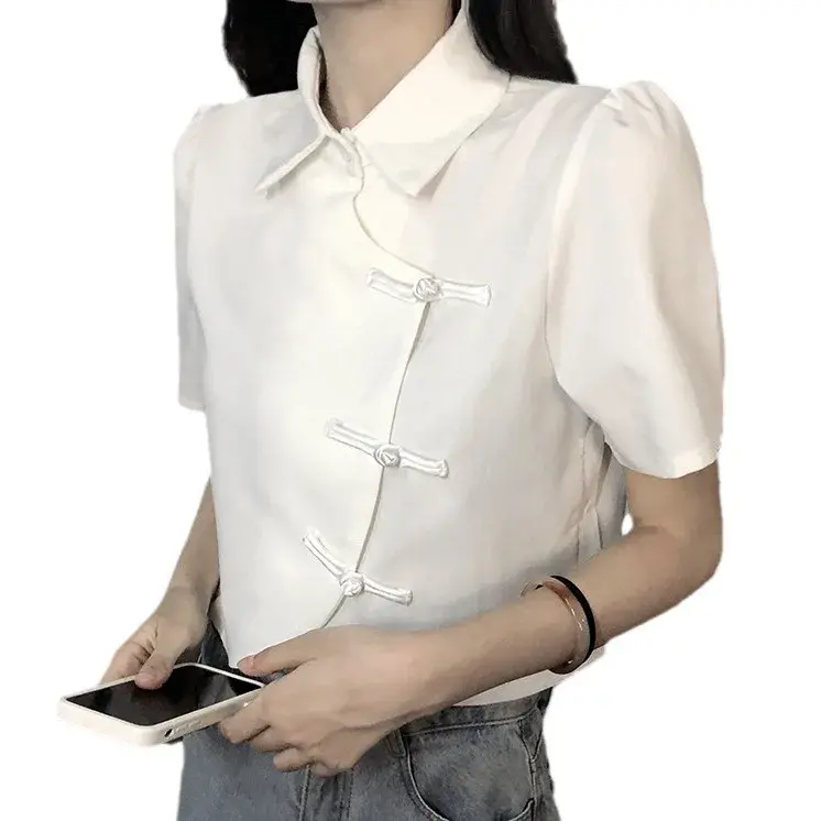 New Chinese Style College Fashion Button up Shirt Women Summer Retro Short Sleeve Asymmetrical Collar Top Female Clothing
