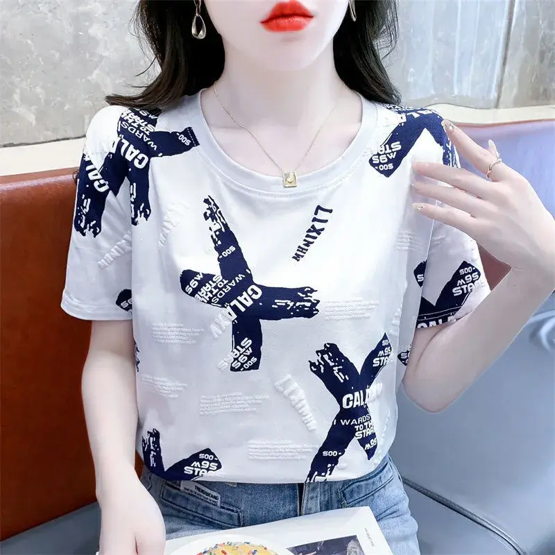Loose Short Sleeve T-Shirt Women's plus Size Fashionable White Top Korean Style Summer New Ins Trendy Regular Crew Neck
