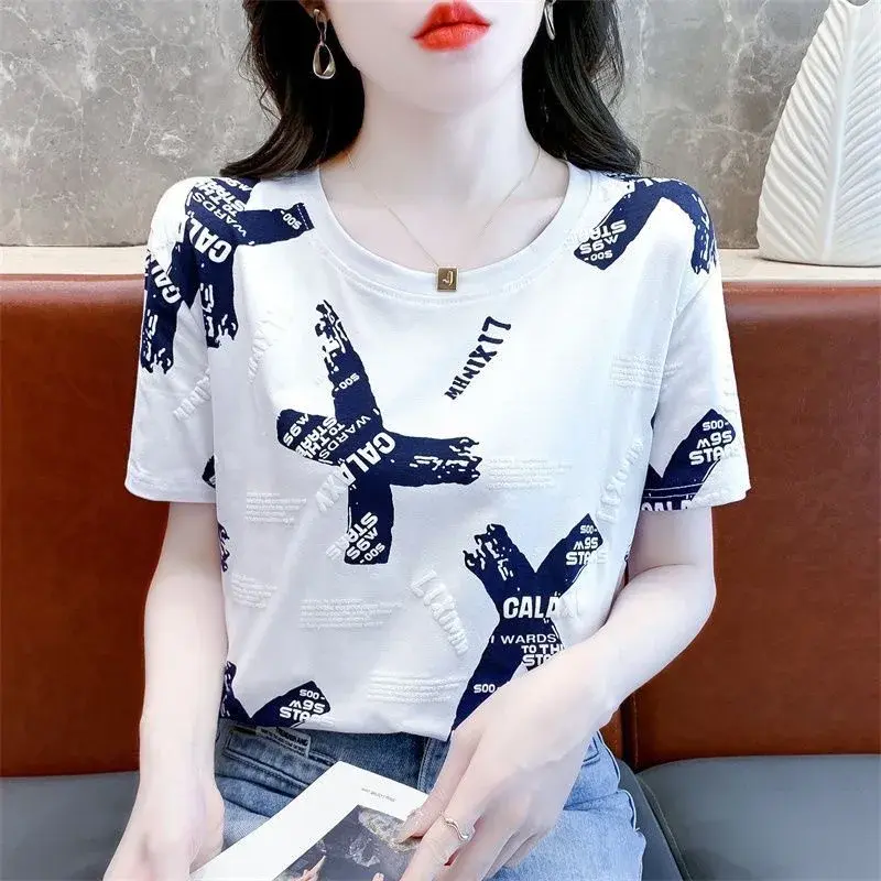 Loose Short Sleeve T-Shirt Women's plus Size Fashionable White Top Korean Style Summer New Ins Trendy Regular Crew Neck