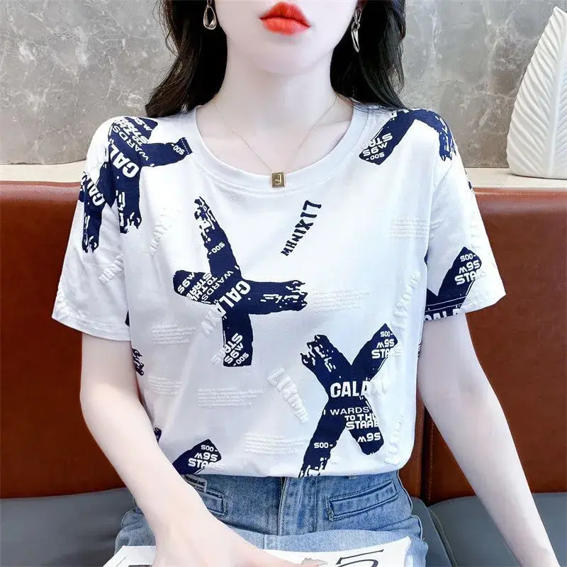 Loose Short Sleeve T-Shirt Women's plus Size Fashionable White Top Korean Style Summer New Ins Trendy Regular Crew Neck
