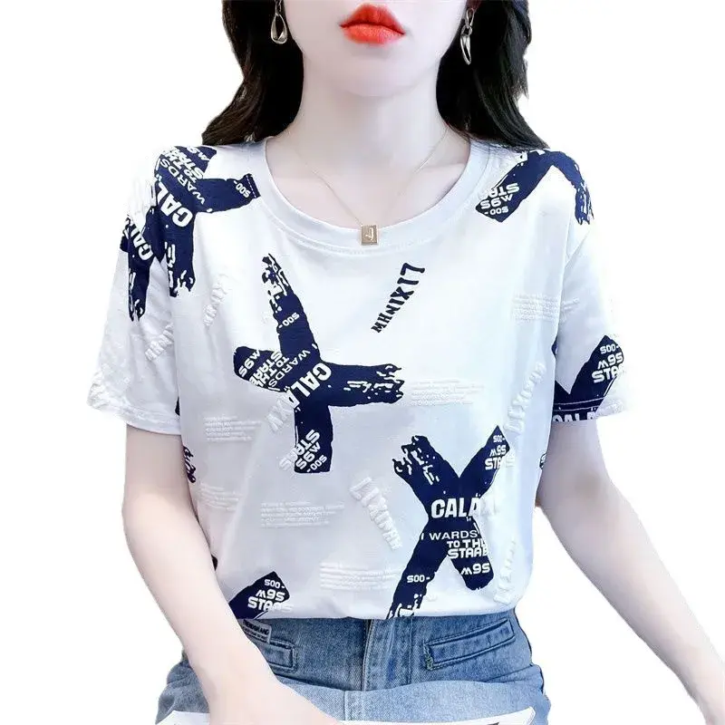 Loose Short Sleeve T-Shirt Women's plus Size Fashionable White Top Korean Style Summer New Ins Trendy Regular Crew Neck