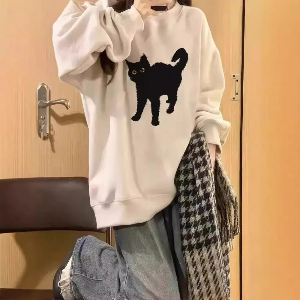 Women's Fleece Lined Oversized Long Sleeve Crew Neck Sweatshirt Cat Print Casual Loose Fit Autumn Winter Fashion Top