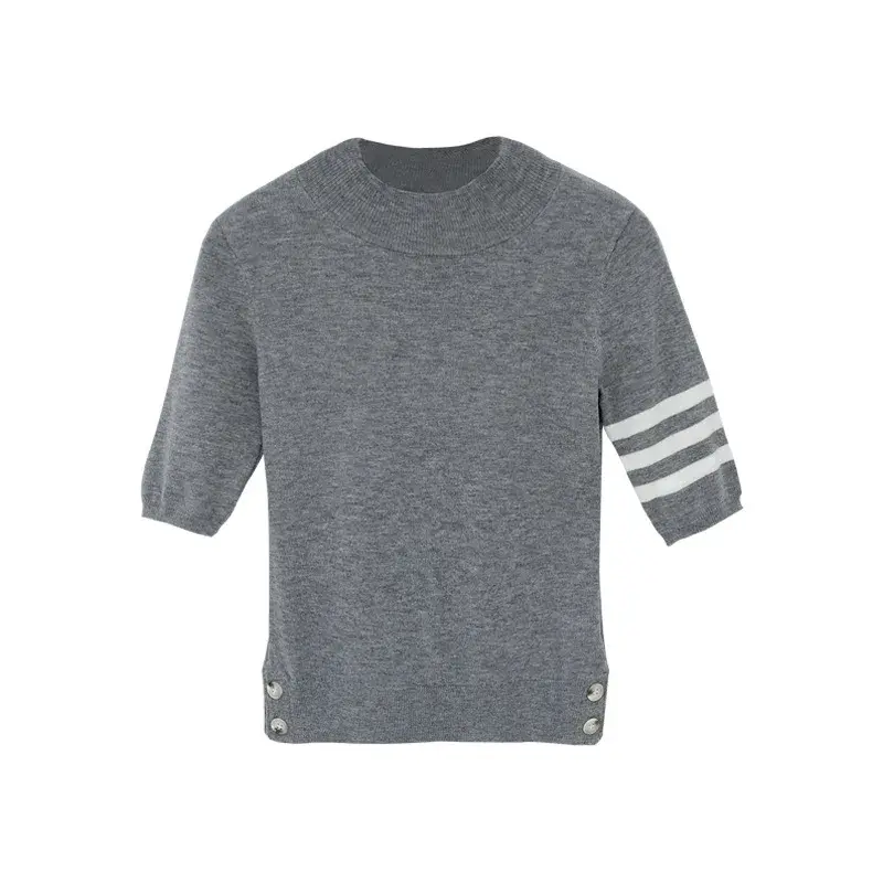 Grey Knitted Top Short Sleeves Elegant Academic Style Women's Autumn T-Shirt Slim Fit Casual Confortable Ladies Blouse