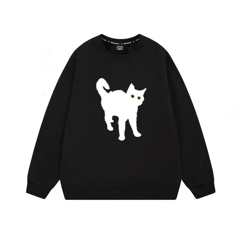 Women's Fleece Lined Oversized Long Sleeve Crew Neck Sweatshirt Cat Print Casual Loose Fit Autumn Winter Fashion Top