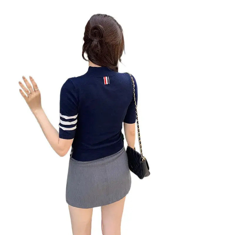 Grey Knitted Top Short Sleeves Elegant Academic Style Women's Autumn T-Shirt Slim Fit Casual Confortable Ladies Blouse
