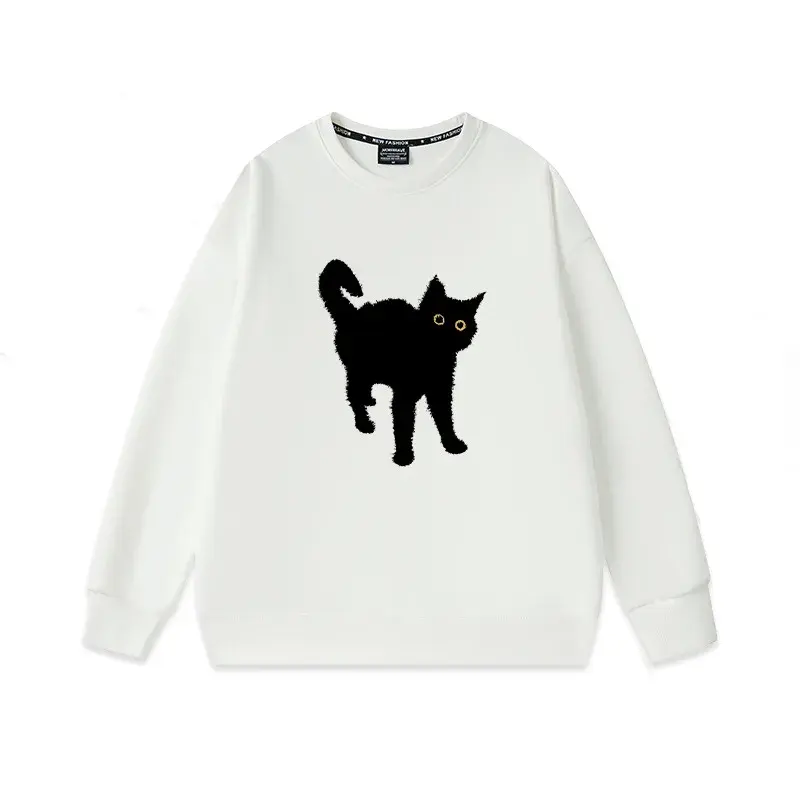 Women's Fleece Lined Oversized Long Sleeve Crew Neck Sweatshirt Cat Print Casual Loose Fit Autumn Winter Fashion Top