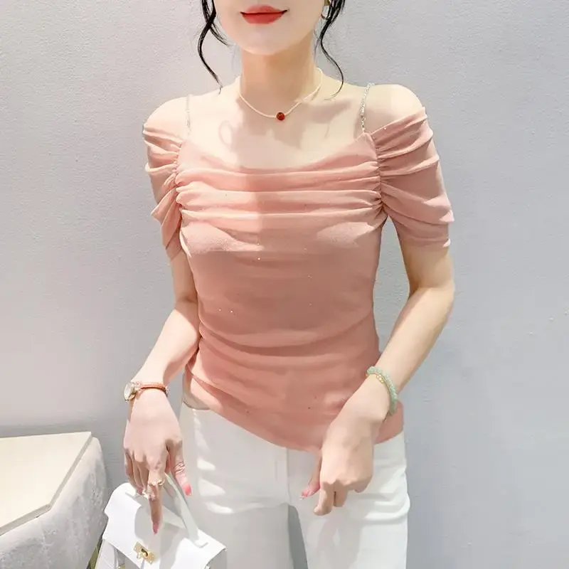 2024 Summer New Off-Shoulder Sexy T-Shirt Network Patchwork Ruched Sweatslims Top Smooths Your Silhouette