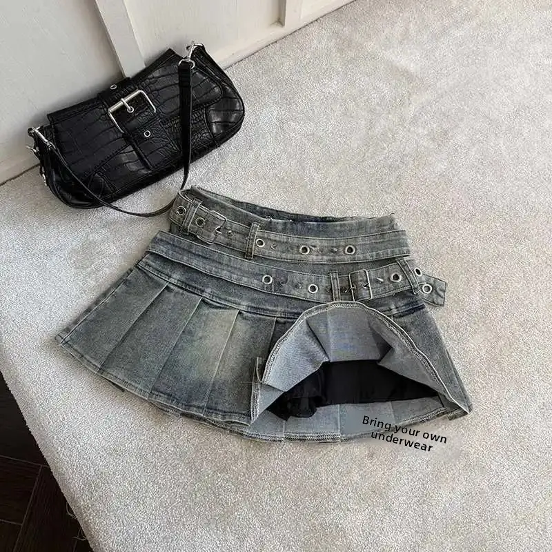 Pure Desire American Style Heavy Work Design Elastic Denim Pleated Mini Skirt for Women Sexy Half-length Skirts