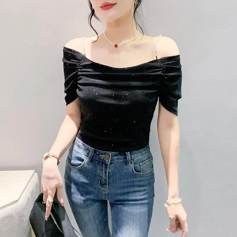 2024 Summer New Off-Shoulder Sexy T-Shirt Network Patchwork Ruched Sweatslims Top Smooths Your Silhouette