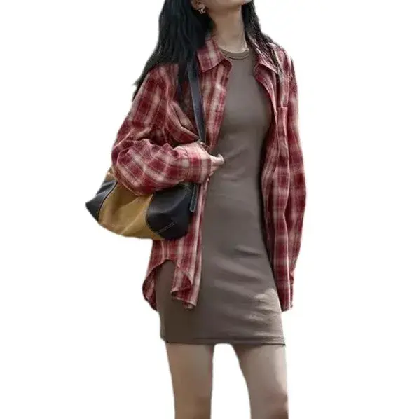 2024 Spring Summer New Women's Plaid Idle Style Shirt Stylish Age-Reducing Loose Fit Slimming Long Top Design Sensibility