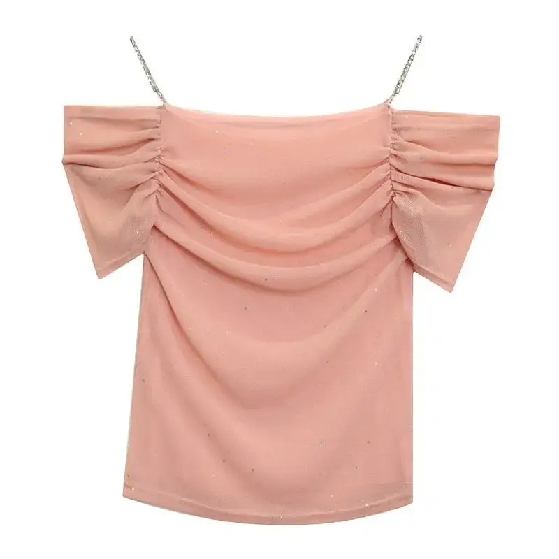 2024 Summer New Off-Shoulder Sexy T-Shirt Network Patchwork Ruched Sweatslims Top Smooths Your Silhouette